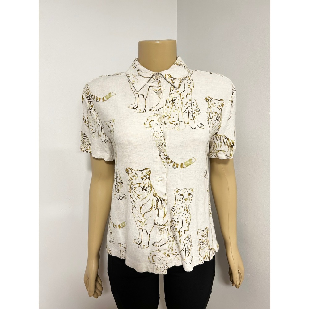 Vintage Big Cat Print Short Sleeve Button Down Shirt Ivory Gold Tiger Cheetah